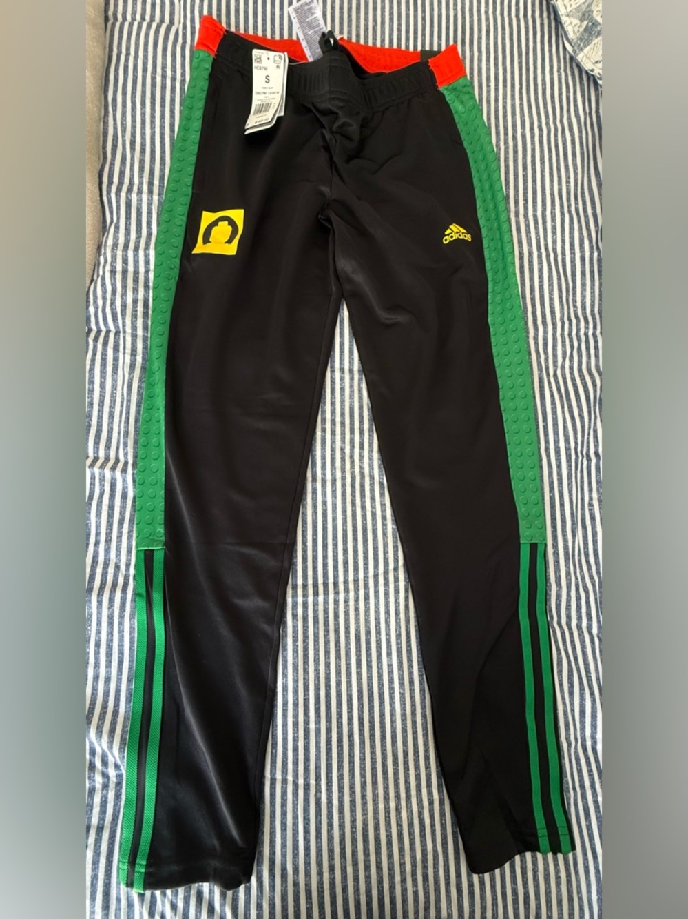 adidas Black LEGO Track Pants with Green Stripes & Red Waistband